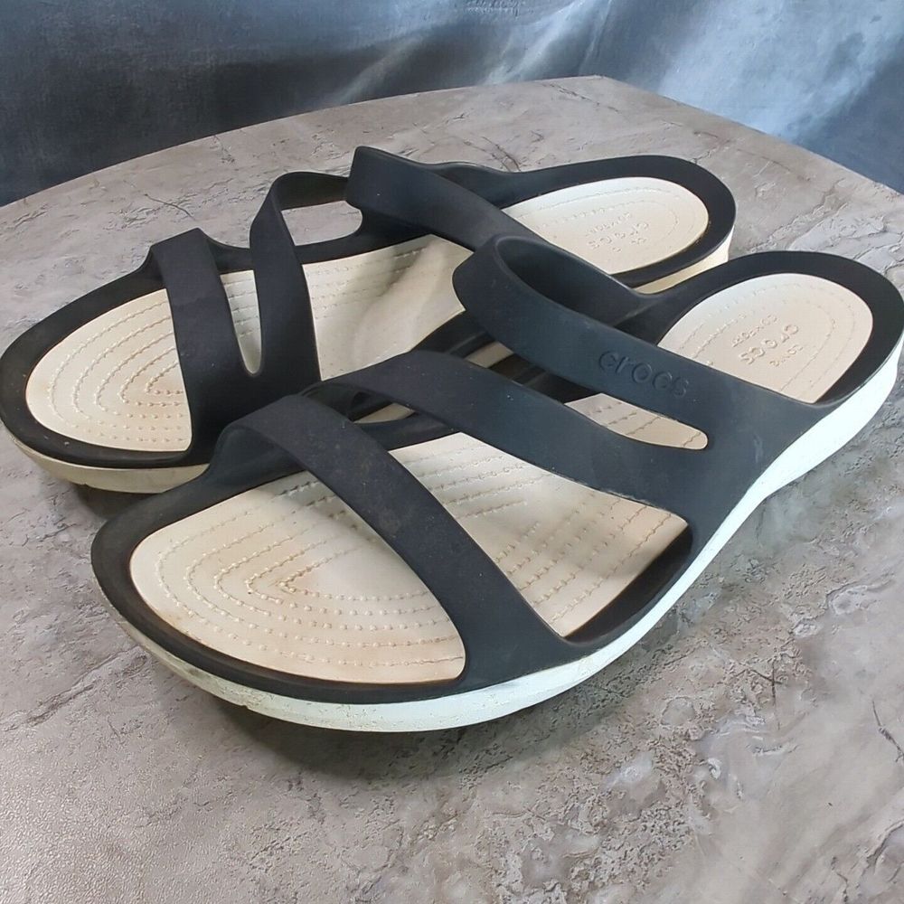 Crocs Swiftwater White Black Strappy Slide Sandals Women's Size 11 Iconic